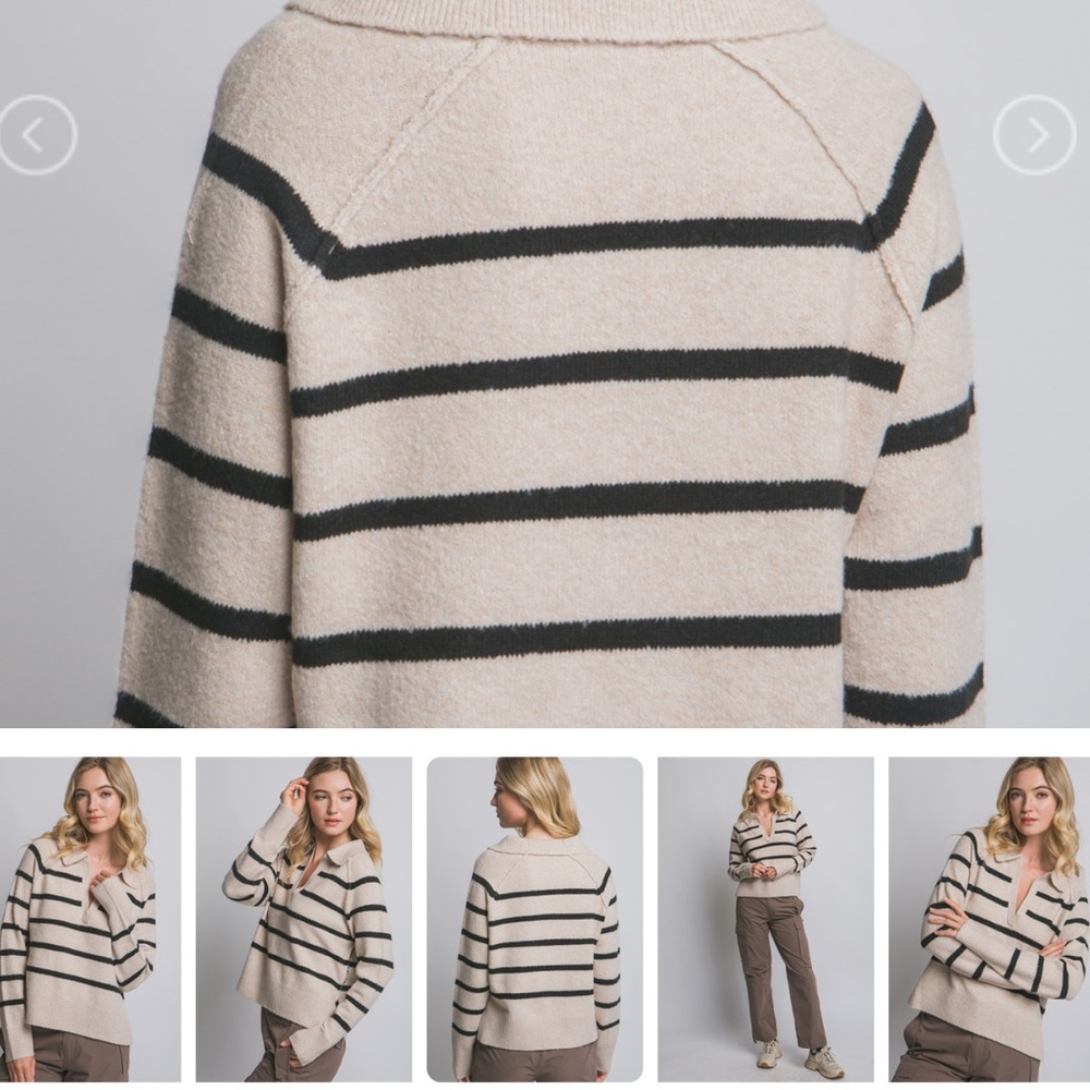 Love Tree Beige and Black Striped V-Neck Sweater - Picture 3 of 3
